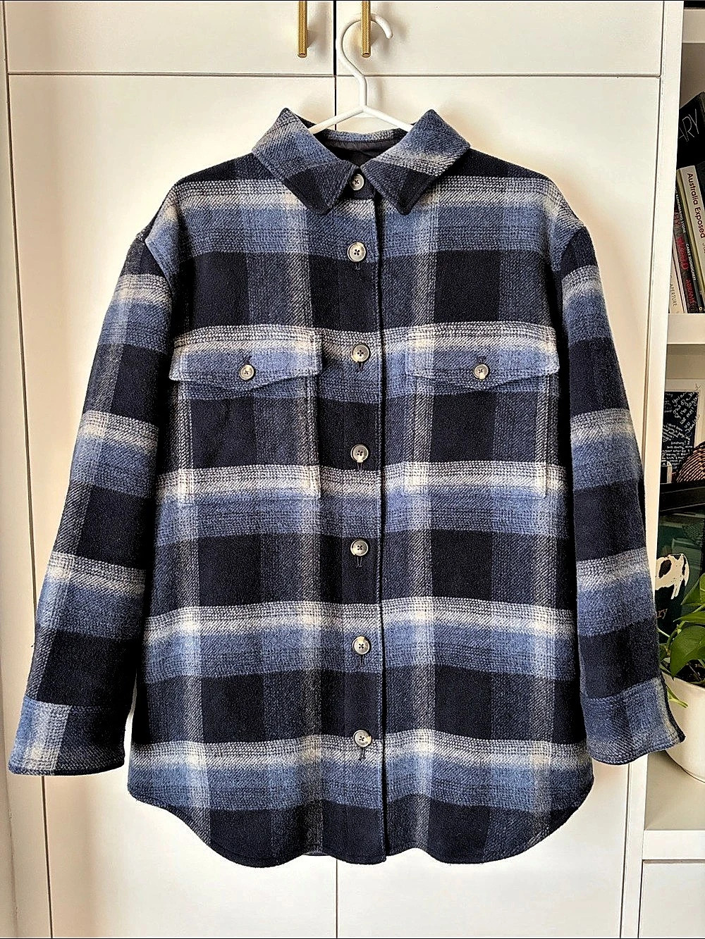 Everlane | Italian ReWool® Oversized Shirt Jacket | Blue & Grey Plaid | Large